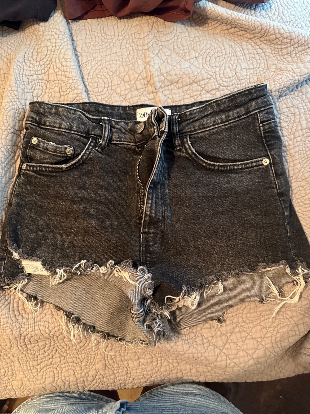 Zara Black Washed Distressed Denim Shorts